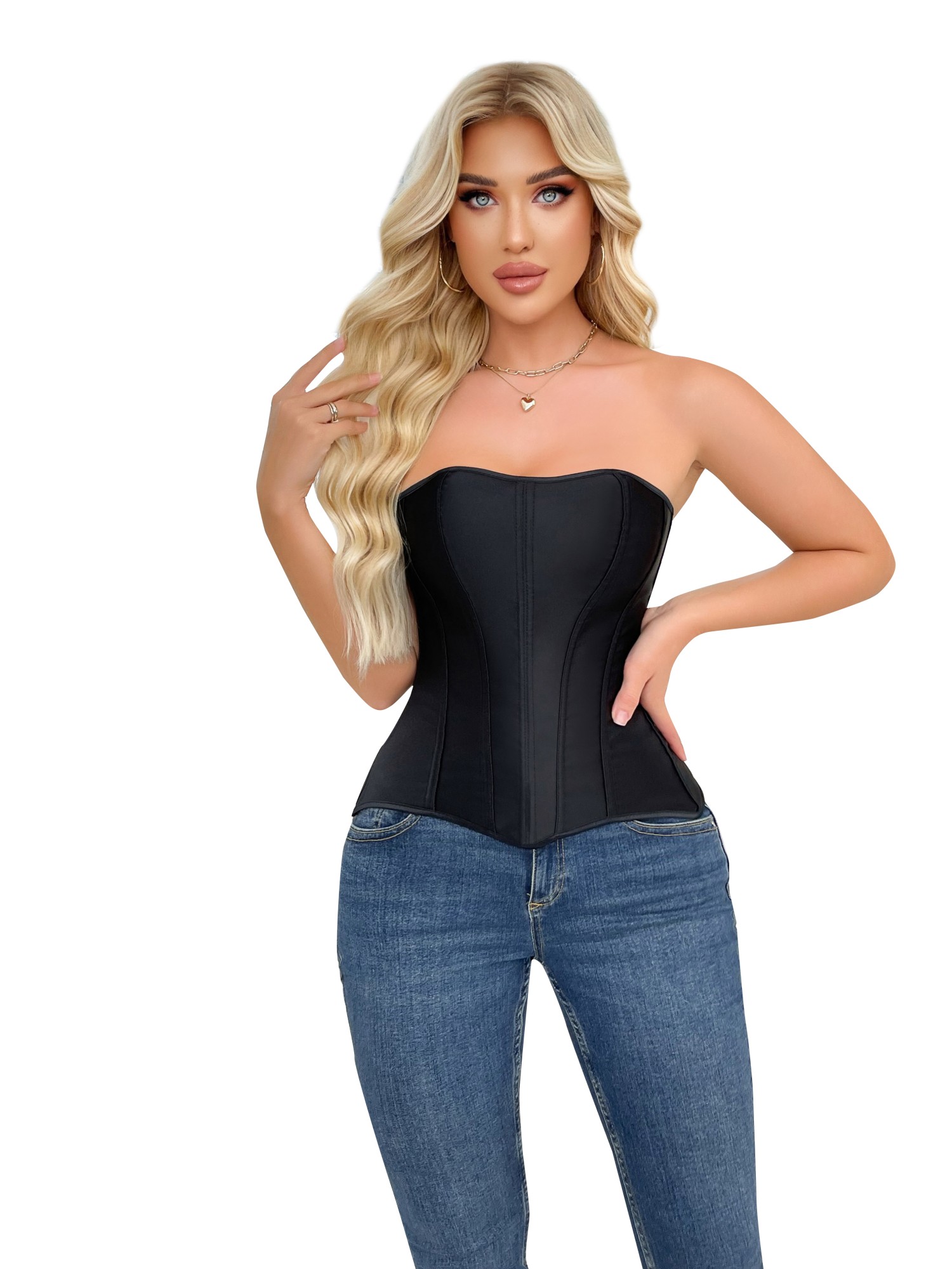 Elegant Satin Vintage Style Corselet Lace up Zipper Corsetto Korsett Black